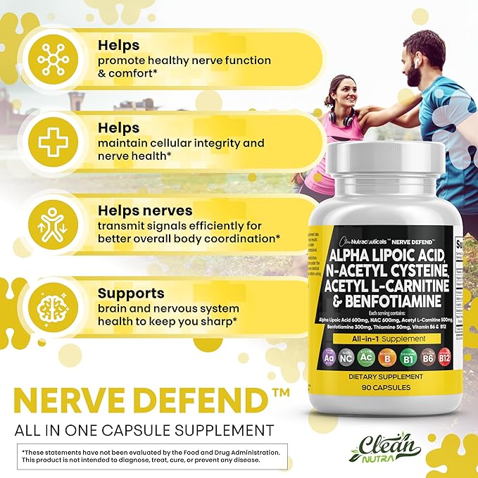 Alpha Lipoic Acid 600mg N-Acetyl Cysteine 600mg Acetyl L-Carnitine 500mg Benfotiamine 300mg - Nerve Support Supplement for Women and Men with Vitamin B1 B6 &amp B12 - Made in USA 90 Caps