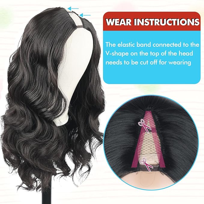 KRSI Natural Black V Part Wig Curly Wavy Upgrade U Part Wig Thin Leave Out Clip in Half Wigs Scalp Protective Glueless Synthetic V Part Wigs for Black Women