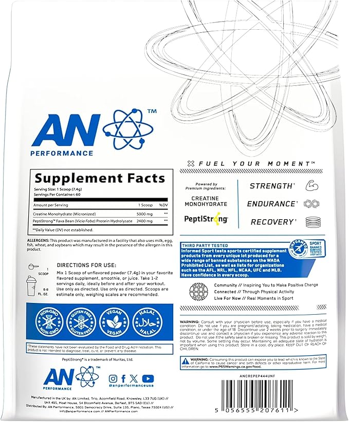 AN Performance Creatine + Peptide | Unflavored | 5g Creatine Monohydrate 2.4g PeptiStrong | Gluten-Free Low Carb Low Fat | Keto Friendly | 60 Servings