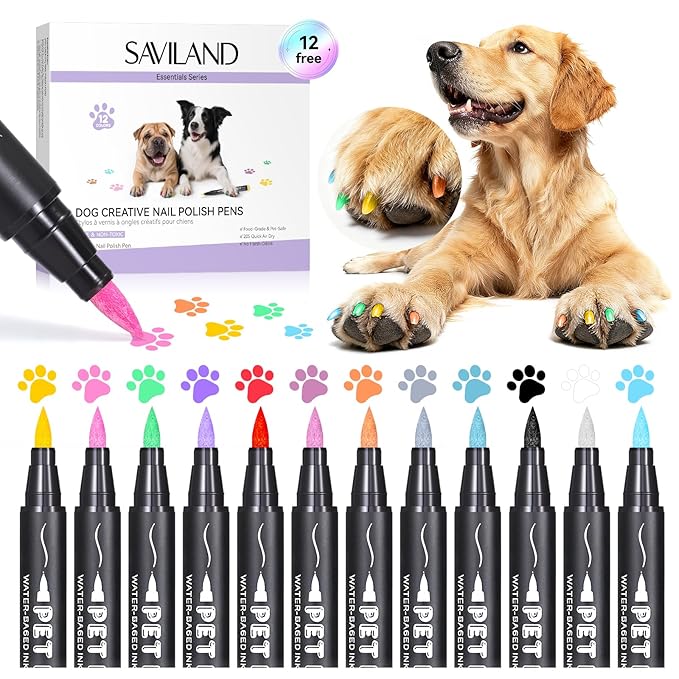 SAVILAND Essentials Dog Nail Polish Pens Quick Dry: 12 Colors Safe Pet Nail Art Polish Pens Set Brush Tip for DIY Dogs Cats Puppy Nails Non Toxic Odorless Easy to Apply Home &amp Salon Use