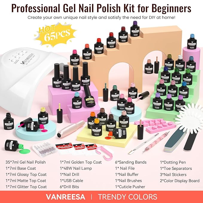 VANREESA Gel Nail Polish Kit with U V Light and Nail Drill Kit 65 Pcs Gel Polish Nail Set 35 All Season Colors Nail Polish Set Base Coat &amp 4 Effects Top Coat Complete Nail Kit Gifts for Women