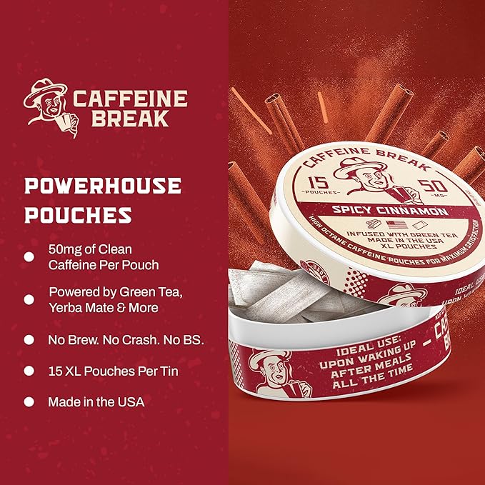 ALP Supply Co - Caffeine Break Spicy Cinnamon Caffeine Pouches - Smooth Spicy Cinnamon Flavor - Clean Bold Energy Anytime - Made in USA - 50mg per pouch - 15 Pouches