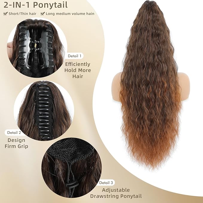 Claw Clip in Ponytail Extension 30 Inch Long Wave Curly Pony Tail Hair Extensions for Women fluffy Natural Looking Synthetic Hairpiece for Daily Use(Ombre Medium Dark Brown 30Inch)