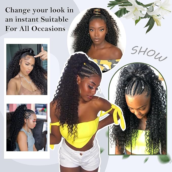 27 Inch Drawstring Ponytail Extension for Black Women Deep Curly Ponytail Extension Synthetic Mixed with Human Hair Hairpieces Afro Kinky Curly Pony Tail for Daily Use (Brown Highlight)