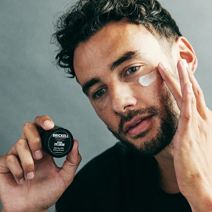 Brickell Men's Restoring Under Eye Cream for Men Natural and Organic Anti Aging Eye Balm To Reduce Puffiness Wrinkles Dark Circles Crows Feet and Under Eye Bags 0.5 Ounce Unscented
