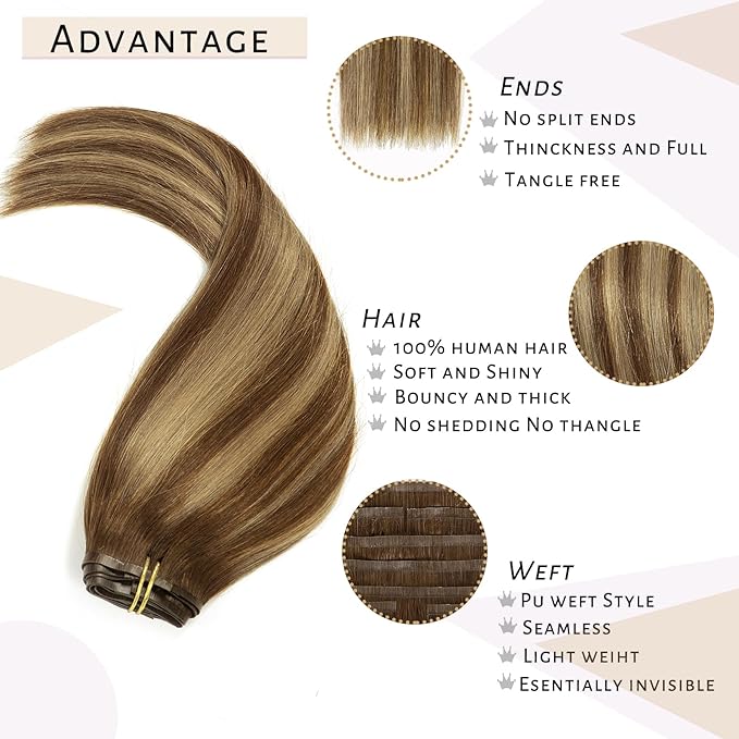 Caliee Balayage Clip in Hair Extensions Real Human Hair Fluffy Not Tangled Seamless Hair Extensions Clip in Human Hair 20 Inch 115G 8Pcs R4-4/27 Chocolate Brown to Caramel Blonde Hair