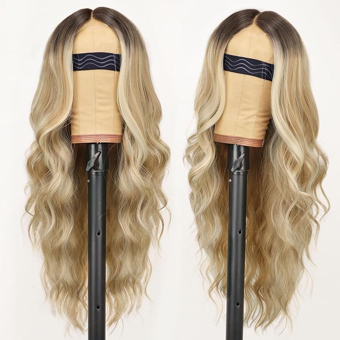 AISI HAIR Honey Blonde Wig for Women Long Wavy Lace Hairline Middle Part Synthetic Heat Resistant Wig for Daily Party-26 Inch