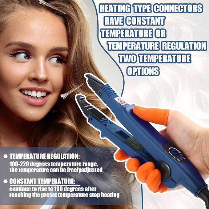Hair Extensions Iron Fusion Keratin Hair Extensions Heat Tool Heat Connector Wand with Fusion Glue Protector Template Hair Clip Finger Protector 2 Bag Keratin Glue Granule Bead(Blue)