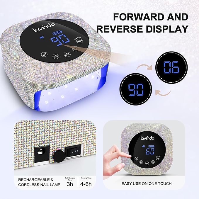Lavinda UV LED Nail Lamp 54W Rechargeable Cordless Nail Lamp Nail Dryer Gel Polish UV Nail Light with 4 Timer Setting Professional Quick Dry Curing Lamp with Display Auto Sensor for Salon &amp Home