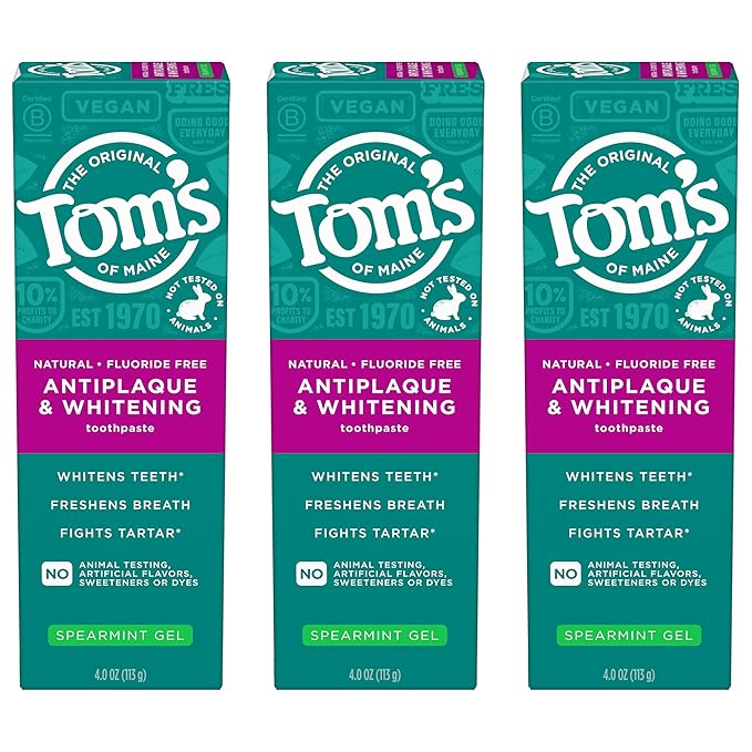 Tom's of Maine Antiplaque and Whitening Fluoride Free Natural Toothpaste Gel Vegan Spearmint 4 Ounces (3 Pack)