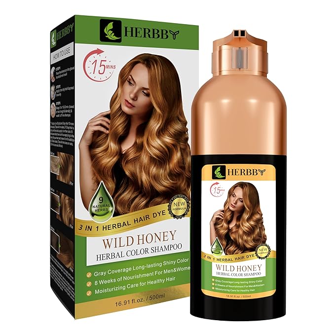 HERBBY Hair Color Shampoo for Gray Hair Coverage&ampColor Transform with 9 Herbal Extracts ?Long Lasting(6-8 Weeks)ShinyEvenly ColoredInstant Hair Dye Shampoo&ampConditioner 500 Ml (WILD HONEY C
