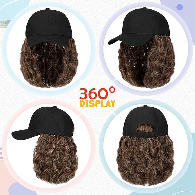 Baseball Hat WigHat with Hair attached 16'' Adjustable Black Cap with Wavy Curly Synthetic Bob Hair Extensions for Women Girls(Medium Blonde Mix Ash Blonde)