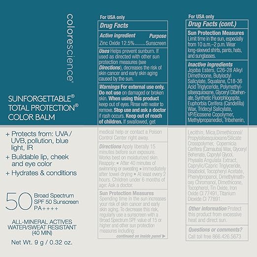 Colorescience Sunforgettable Total Protection Color Balm SPF 50 Mineral Broad Spectrum Buildable Lip &amp Cheek Color