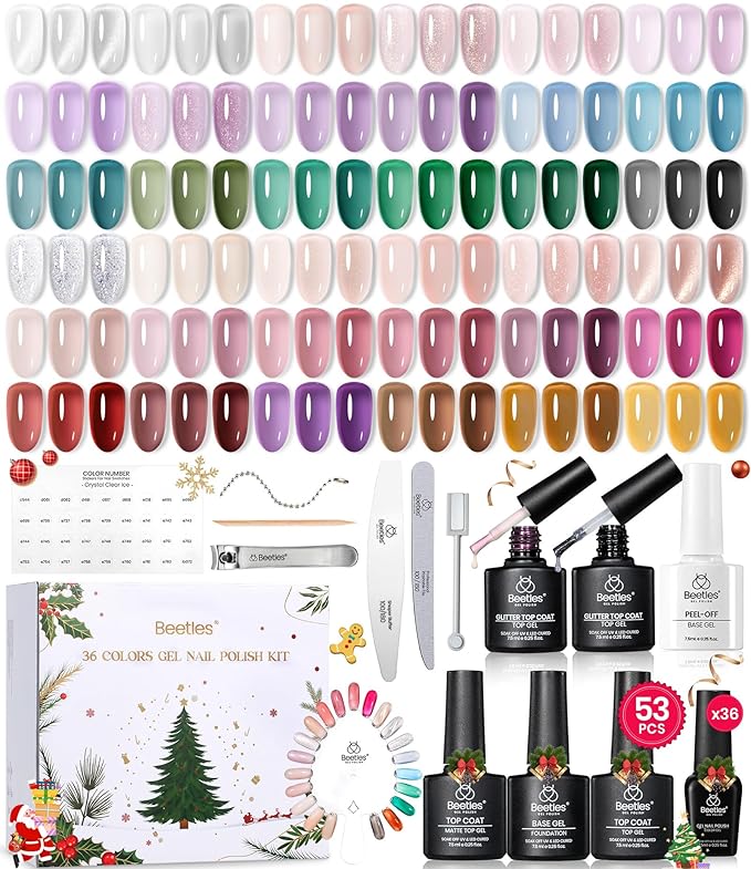 Beetles Frostglaze Veil Jelly Gel Nail Polish Set 53PCS 36 Colors Christmas Gel Nail Kit Nude Pink Milky White Red Black Blue Green Silver Cat Eye Base Glitter Glossy Matte Top Coat Gift for Women