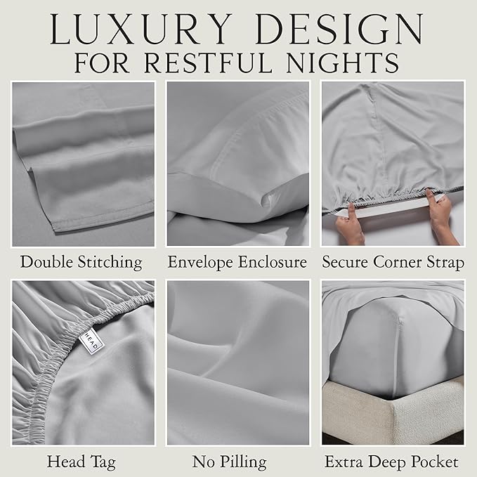 KARISSA MAE Cooling Bamboo Viscose Queen Sheet Set | 100% Organically Grown | 18??Deep Pocket | Silky Soft &amp Hypoallergenic | with Organizer Band &amp Elastic Corner Straps [Grey Mist]