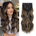 Synthetic Clip in Hair Extensions 6PCS Natural &ampSoft Hair&amp Blends Well Lonng Wavy Hairpieces(20inch6pcs Black with Brown Highlights)