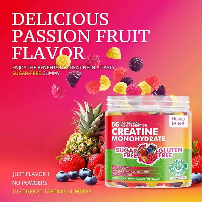 novomins Creatine Monohydrate Gummies 5000mg for Men &amp Women Chewables Creatine Monohydrate for Muscle Strength Muscle Builder Energy Boost Pre-Workout Supplement(120 Count)