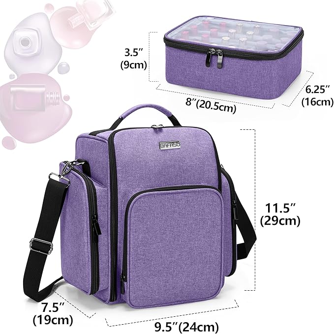 BAFASO Nail Polish Organizer Holds 72 Bottles (15ml - 0.5 fl.oz) Large Nail Polish Case with 3 Removable Pouches and Multiple Storage Sections (Patented Design) Purple