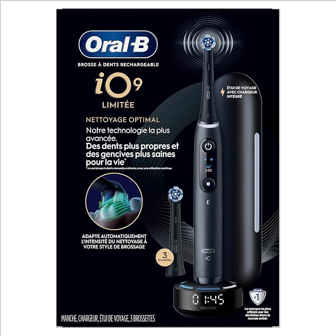 Oral-B iO Series 9 Limited Rechargeable Black Electric Toothbrush with (2) Ultimate Clean and (1) Gentle Care Replacement Brush Heads Black Travel Case and Charger