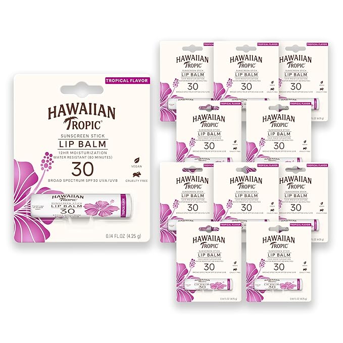 Hawaiian Tropic Tropical Lip Balm SPF 30 | SPF Lip Balm Beach Essentials Travel Sunscreen for Lips Beach Necessities Summer Essentials Sunblock for Lips Sun Protection 0.14oz (Pack of 10)