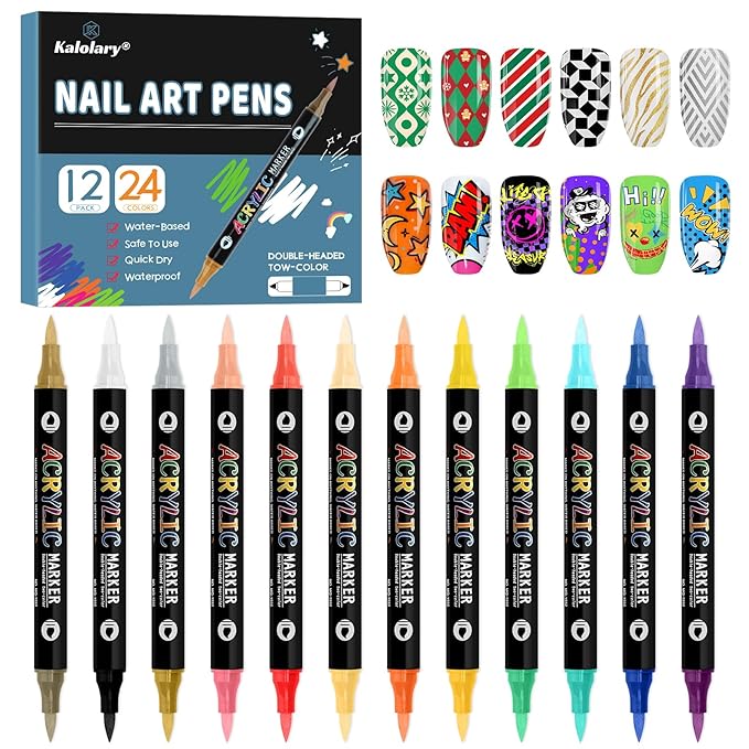 24 Color 3D Nail Art Polish Pens Set Kalolary Nail Art Markers Point Graffiti Dotting Pen Drawing Painting Liner Double Headed Acrylic Paint for DIY Nail Art