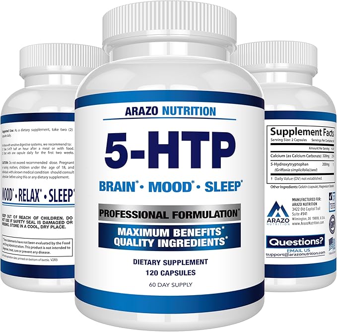 5-HTP 200 MG Plus Calcium for Mood Sleep ? Supports Calm and Relaxed Mood ? 99% High Purity ? 120 Capsules ? Arazo Nutrition