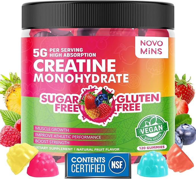 novomins Creatine Monohydrate Gummies 5000mg for Men &amp Women Chewables Creatine Monohydrate for Muscle Strength Muscle Builder Energy Boost Pre-Workout Supplement(120 Count)