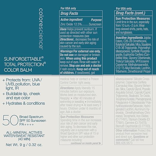 Colorescience Sunforgettable Total Protection Color Balm SPF 50 Mineral Broad Spectrum Buildable Lip &amp Cheek Color