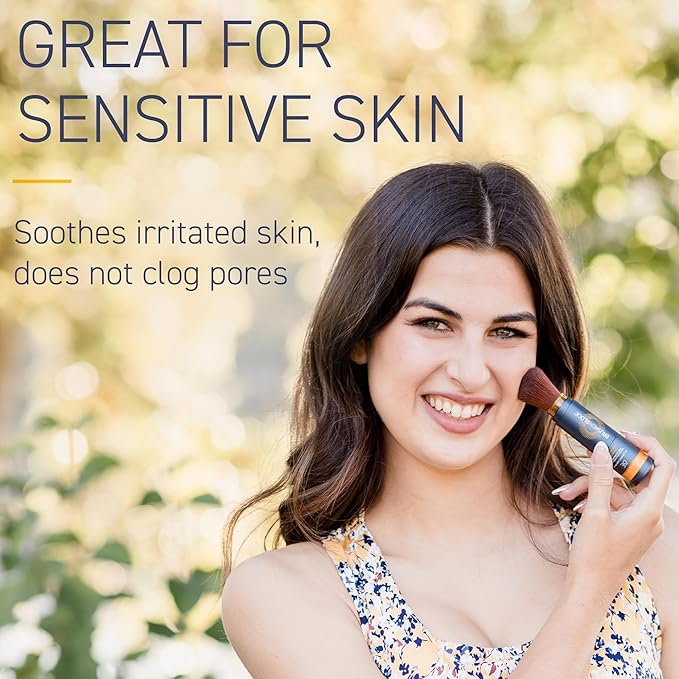 Brush On Block New Formula SPF 30 Mineral Powder Sunscreen Touch of Tan Refillable Broad Spectrum Water Resistant Face Protection For All Skin Types Subtle Hint of Color Reef Friendly