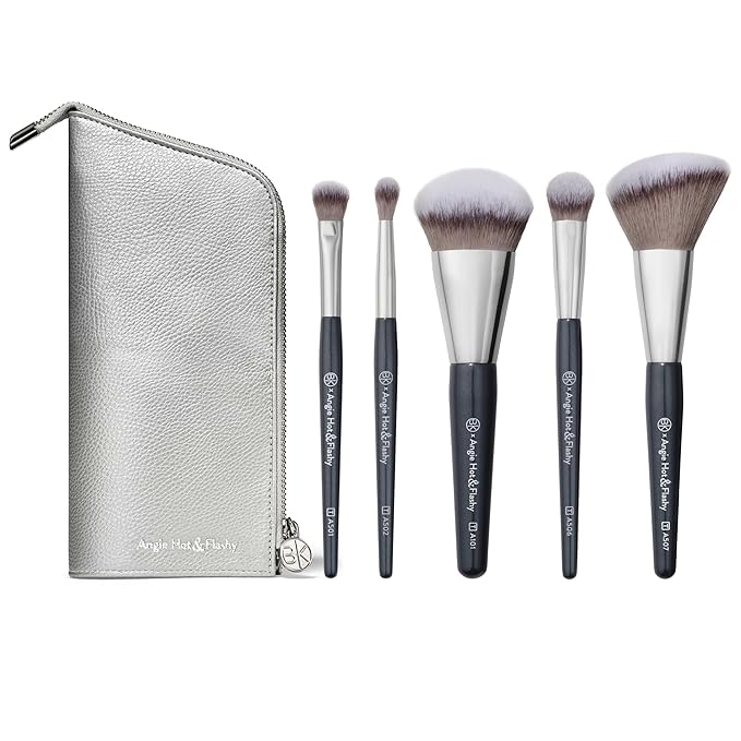 BK BEAUTY BRUSHES - ANGIE HOT &amp FLASHY Travel Brush Set with Pouch - Foundation Makeup Brushes - Brush for Liquid or Cream Foundations - Under-Eye Concealer | Bronzer Blush &amp Highlighter Make