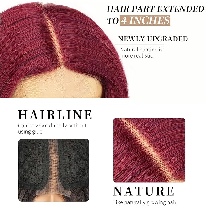 AISI HAIR Bright Red Wig for Women Long Wavy Lace Hairline Middle Part Synthetic Heat Resistant Wig for Daily Party-26 Inch