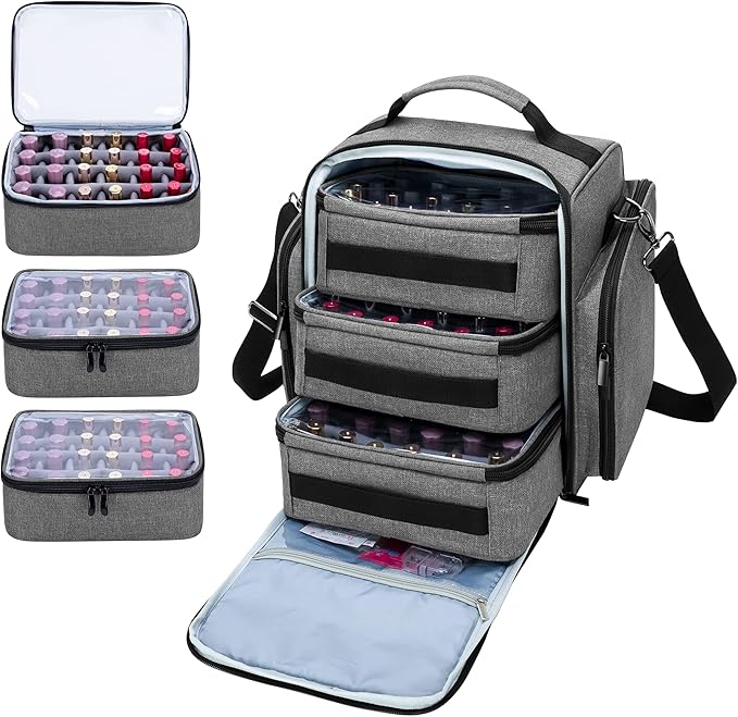 BAFASO Nail Polish Organizer Holds 72 Bottles (15ml - 0.5 fl.oz) Large Nail Polish Case with 3 Removable Pouches and Multiple Storage Sections (Patented Design) Gray