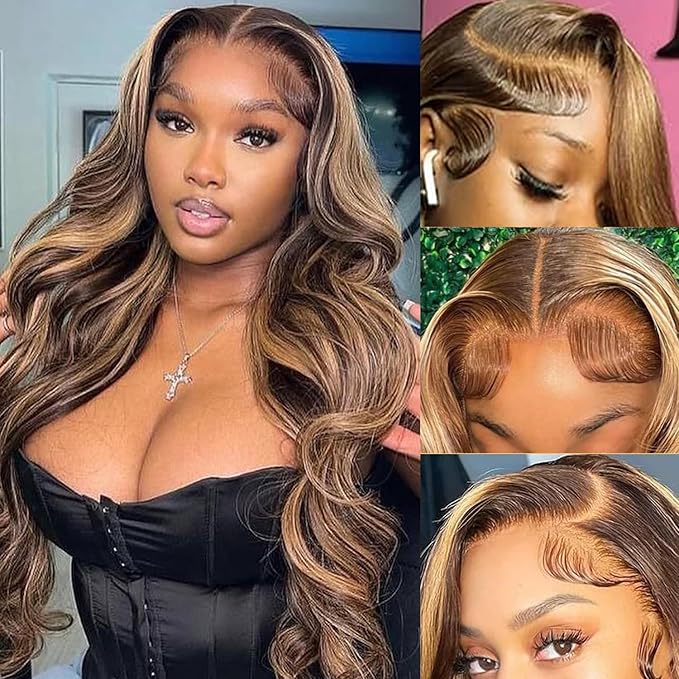 Highlight Wig Human Hair 13x6 Body Wave Lace Front Wigs Human Hair Ombre Wear and Go Glueless Pre Cut Full Frontal Lace Wig for Women 180 Density Virgin Hair Wigs 4/27 Colored 20 inch