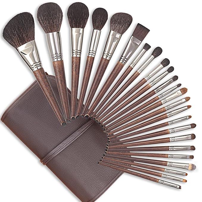 Deluxe Natural Goat Hair Makeup Brush Set with Case 24 Cosmetic Brushes Makeup Set Wooden Natural Makeup Brushes Natural Bristle Makeup Brush Natural Hair Makeup Brushes Set Professional.