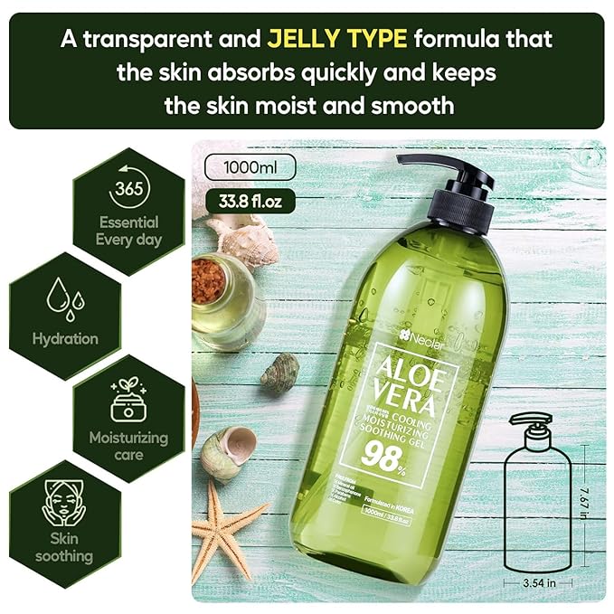 Aloe Vera Gel - for Sunburn Relief - Big 33.8oz / 1000ml - 98% Pure Aloe Vera - For Face Skin and Hair - After Sun Care lotion - Sun Burn Moisturizer Cream (33.8 Fl oz)
