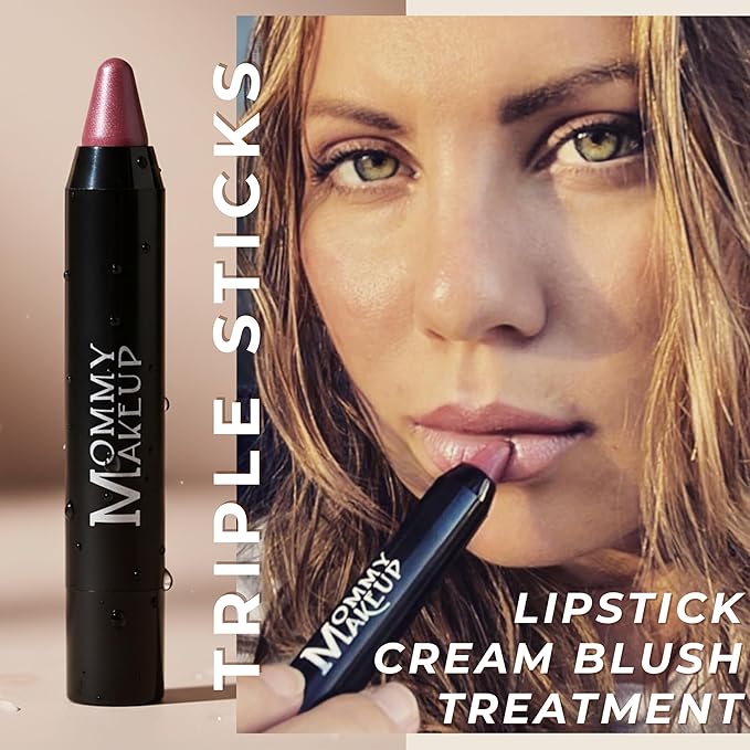 Mommy Makeup Triple Sticks Lipstick Cream Blush &amp Treatment All-In-One with Shea &amp Cocoa Butter - Soft &amp Creamy Moisturizing Lip Crayon For Lips &amp Cheeks (Glinda)