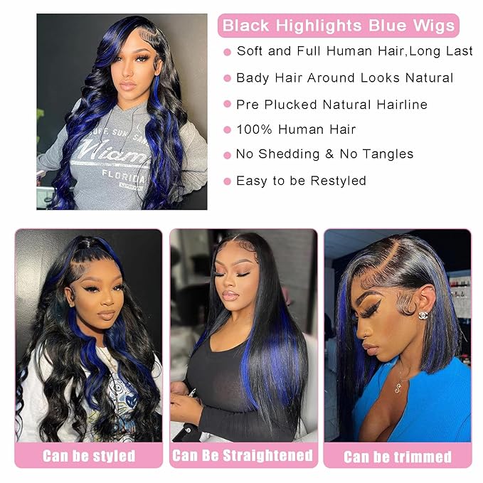 5x5 Black and Blue Colored Lace Front Wig Human Hair Highlight Dark Blue Body Wave Human Hair Lace Wig 180% Density Glueless Wig Pre Cut Ombre Blue Skunk Stripe wigs for Women Pre Plucked (18 inch)