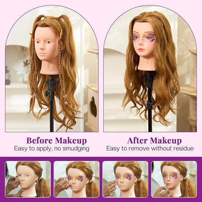 28Inch Mannequin Head with 80% Real Human Hair- Cosmetology Mannequin Head with Hair for Makeup Braiding Curling Cuting Make up Doll head for Styling with Table Clamp Hair Styling Set (Blonde)