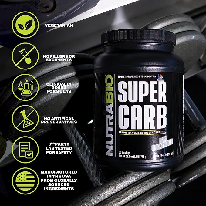 NutraBio Super Carb Carbohydrate Powder with Cluster Dextrin &amp Electrolytes Advanced Carb Supplement Powder for Workout Fuel Performance and Muscle Recovery Cyclic Dextrin Unflavored 30 Sv