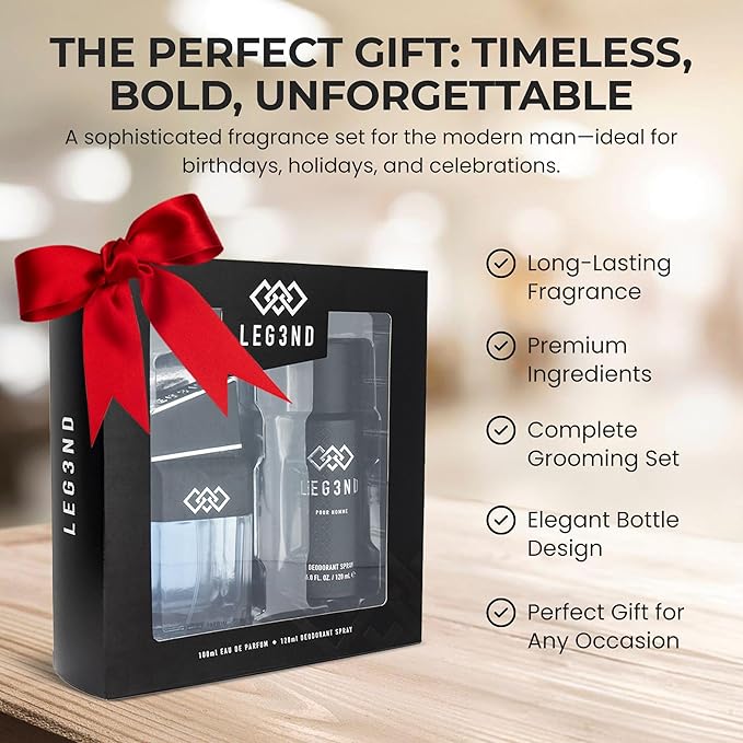 LEG3ND Gift Set - Men's Fragrances Bundle with 3.4oz EDP Spray (Italian Bergamot &amp Patchouli) + 4.0oz All Over Body Deodorant for Men (Amber &amp Cedarwood Blend)