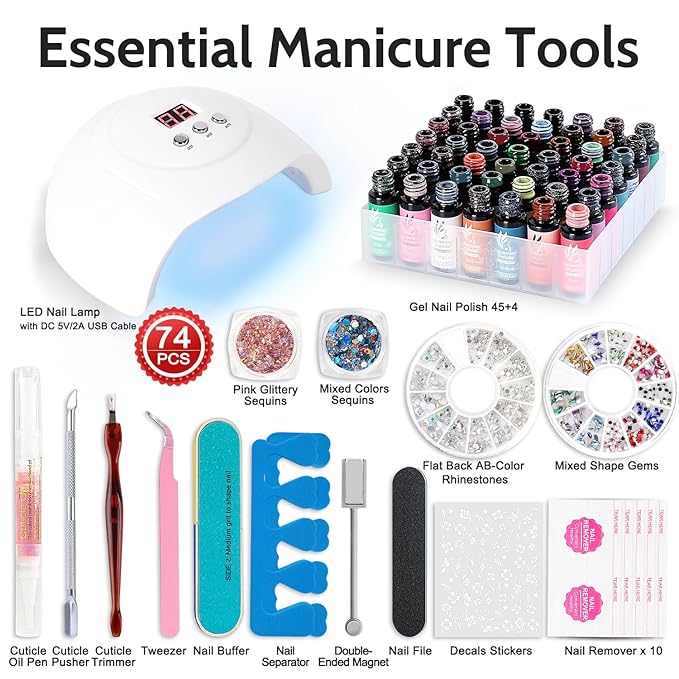 Lavender Violets 45 Colors Gel Nail Polish Kit with U V Light Nude Pinky Jelly Colors 9D Cat Eye Candy Glitter Primer Base Glossy &amp Matte Top Coat for Home Nail Art Design DIY Gift Set 01