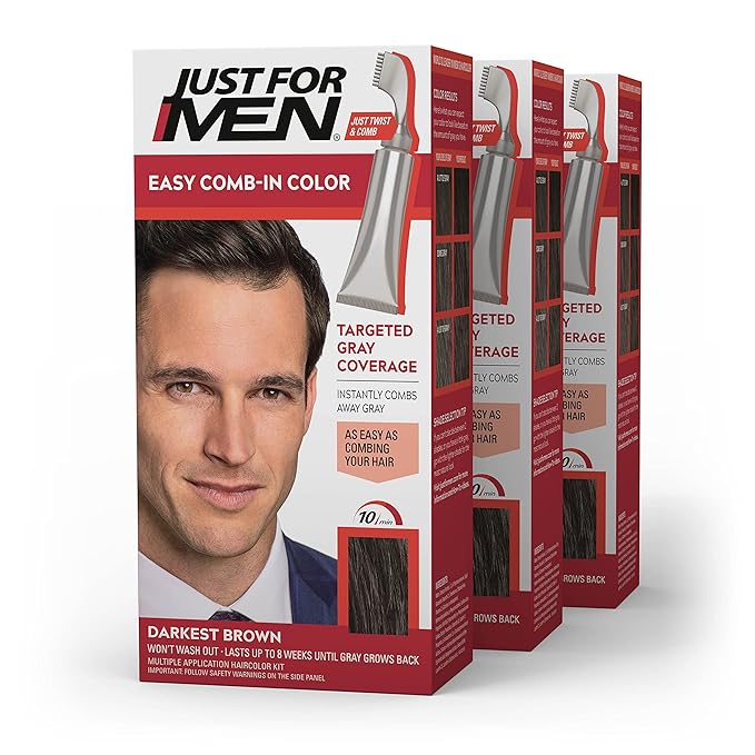 Just For Men Easy Comb-In Color Mens Hair Dye Easy No Mix Application with Comb Applicator - Darkest Brown A-50 Pack of 3
