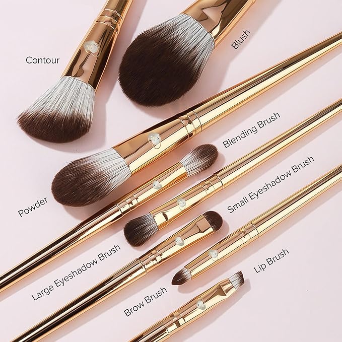 Delbar Gold Makeup Brushes by Lady of Eshgh | 8pc Full Face Makeup Brush Set with Travel Bag | Professional Make Up Brushes | Cruelty Free Natural Hair-Like Bristles