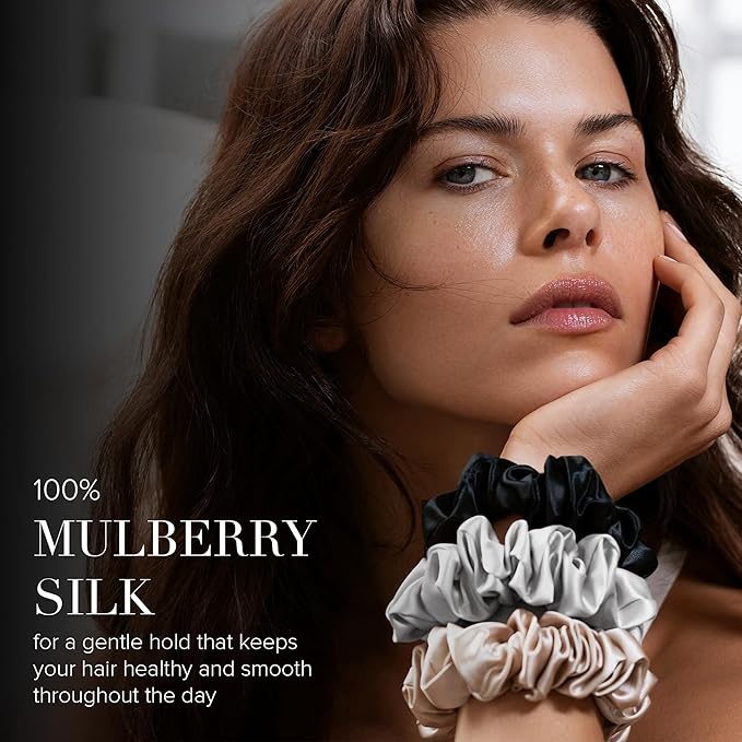 slip Back to Basics Dark Brown Midi &amp Large Scrunchie Set | Includes 2 Midi &amp 1 Large Pure Silk Scrunchies | 100% Mulberry Silk Anti-Crease Gentle on Hair Reduces Breakage | Elegant &amp D