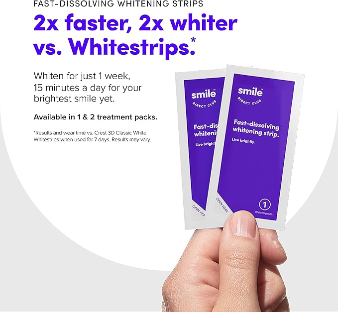 SmileDirectClub Fast Dissolving Teeth Whitening Strips - 18 Count - 2X Whiter Results 2X Faster - Professional Strength Hydrogen Peroxide - Pain Free and Enamel Safe