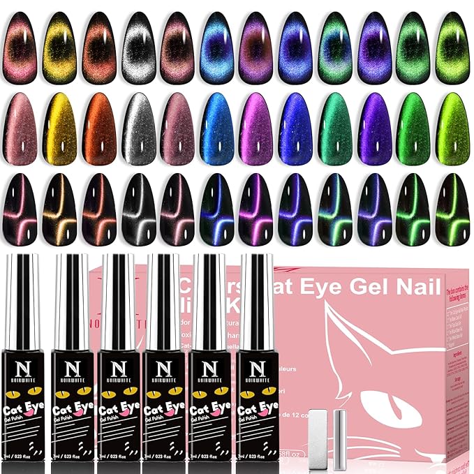 Cat Eye Gel Nail Polish 12 Colors Sparkly Glitter 9D Chameleon Magnetic Nail Polish Set with Magnet Base Top Coat Soak Off LED UV Nail Art DIY Manicure Home Salon Gift for Women
