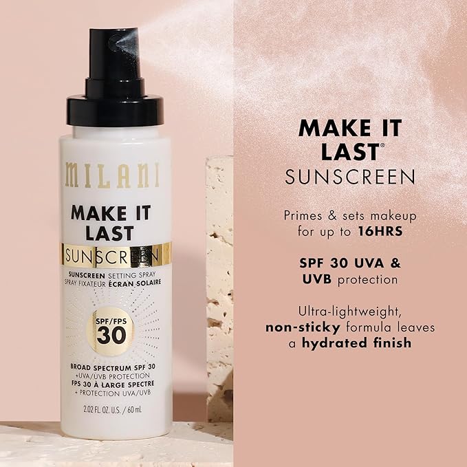 Milani Sunscreen Setting Spray + Primer Make It Last Sunscreen for Face- SPF 30 UVA &amp UVB Protection Antioxidant Rich Formula for Broad Spectrum Protection Prime + Set + Protect 2.02Fl. Oz - 2