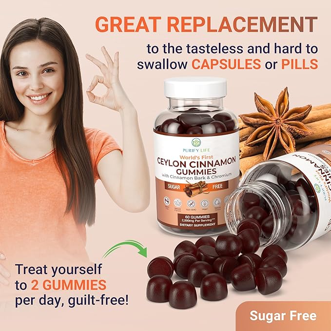 Purify Life Sugar-Free Ceylon Cinnamon Gummies (2000mg/Serving) ? Vegan Gluten-Free Herbal Supplement ? Replace Cinnamon Capsules Pills &amp Powders ? 60 Chews