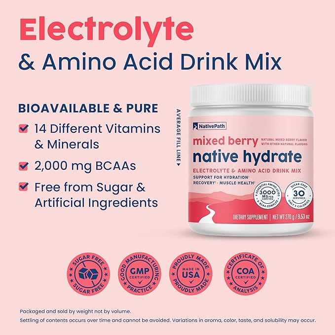 NativePath Native Hydrate Zero Sugar Electrolytes Powder with BCAAs Mixed Berry Hydration Keto &amp Paleo Friendly 30 Servings