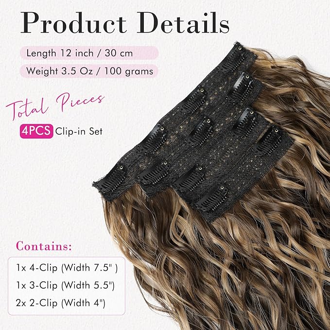 REECHO Clip in Hair Extensions - 4PCS 12 Short Curly Wavy Brown with Highlights